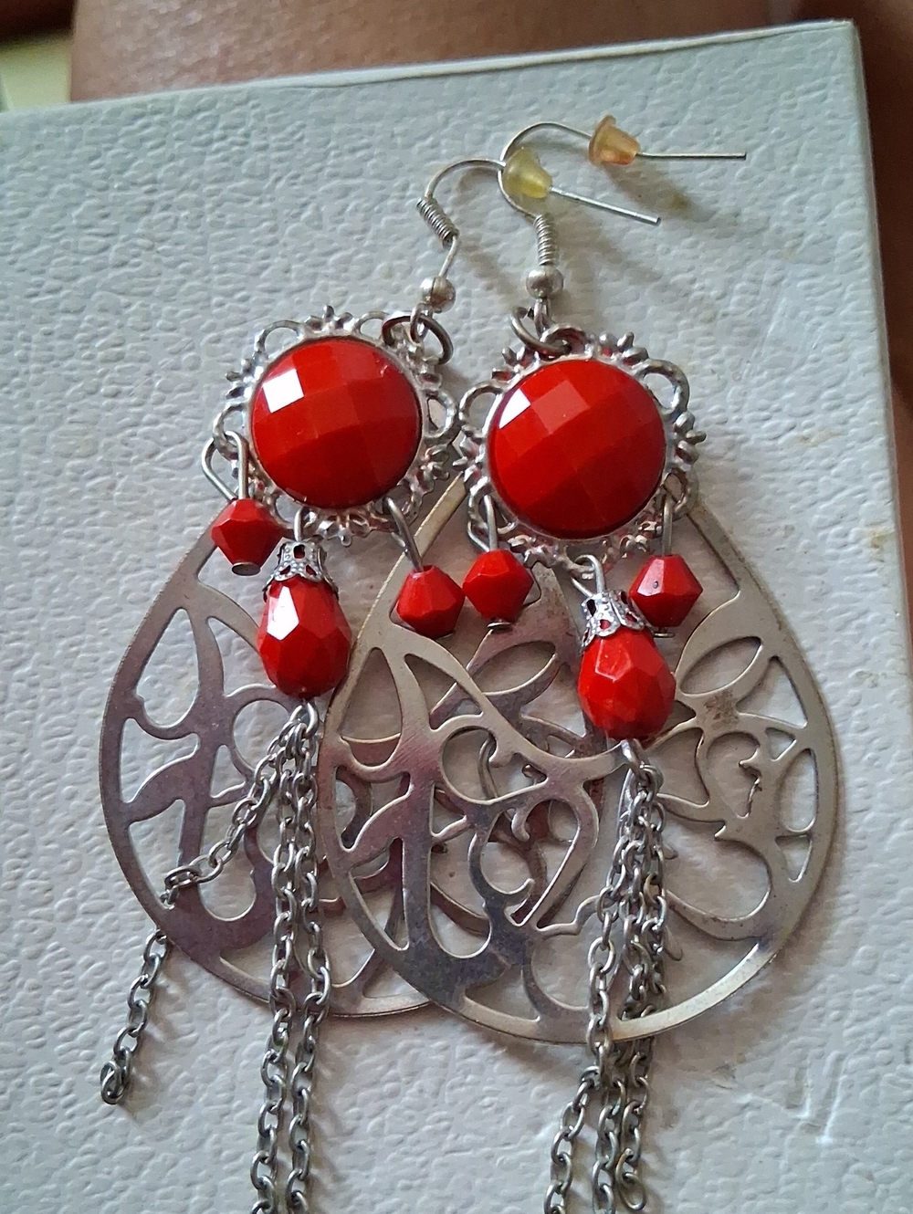 Bold Red Filigree Dangle Earrings with Chain Tassels